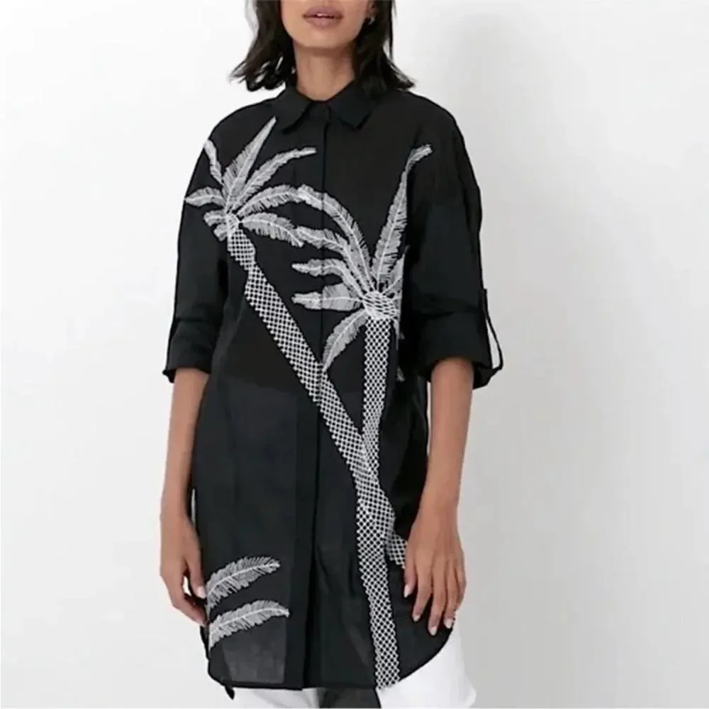 Badgley Mischka NWTs Black Embroidered Palm Tree Swim Coverup size XS